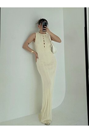 Kalın Fitilli Uzun Triko Elbise - Kırık Beyaz