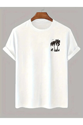 201 Penye Compack Palmiye Ön Baskılı Oversize Bisiklet Yaka Kısa Kol Yazlık T-shirt - Beyaz