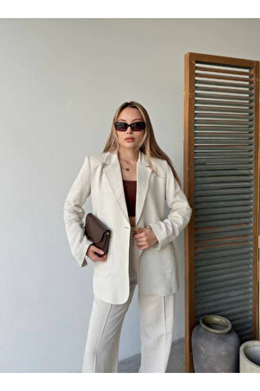 Keten Ceket Pantolon Ikili Takım - Beyaz