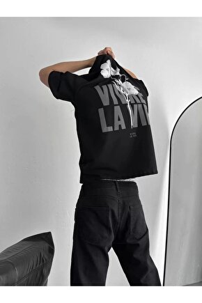 Baskılı Oversize Bisiklet Yaka T-shirt - Siyah
