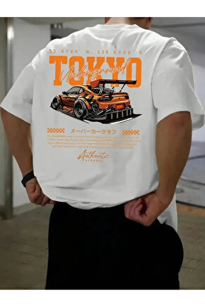 Erkek Turuncu Spor Araba Grafik Tişört - TOKYO Baskılı Günlük Oversize Kısa Kollu Tişört, Yetişkin