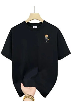 201 Penye Compack Gözlüklü Ayı Baskılı Oversize Bisiklet Yaka Erkek T-shirt - Siyah