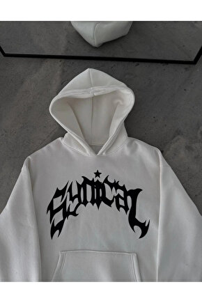 Üç İplik Kapüşonlu Baskılı Oversize SweatShirt- Beyaz