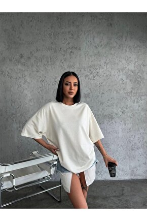 Unisex Düz Biskilet Yaka Oversize T-shirt - Beyaz