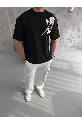 Unisex Bisiklet Yaka Baskılı Oversize T-Shirt - Siyah