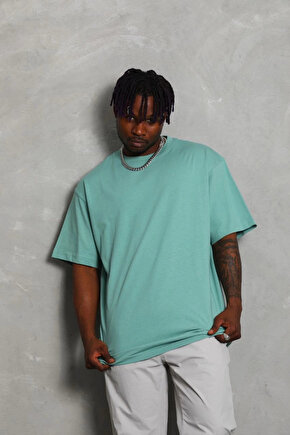 Unisex Oversize Düz Bisiklet Yaka T-Shirt - Mint Yeşili