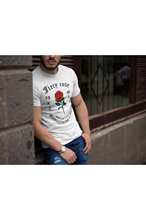 Erkek Bisiklet Yaka Baskılı Oversize T-Shirt - Beyaz