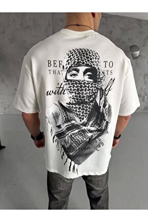 Unisex Baskılı Oversize T-Shirt - Beyaz