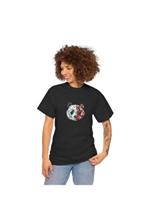 Unisex Kadın Bisiklet Yaka Baskılı T-Shirt - Siyah