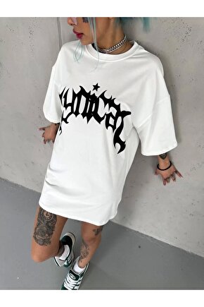 Unisex Bisiklet Yaka Baskılı Oversize T-Shirt - Beyaz
