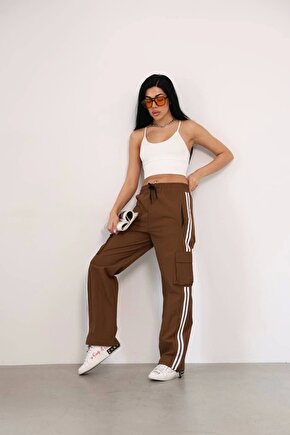 Praşut Kumaş Kargo Çeplı Baggy Esofman - Kahve