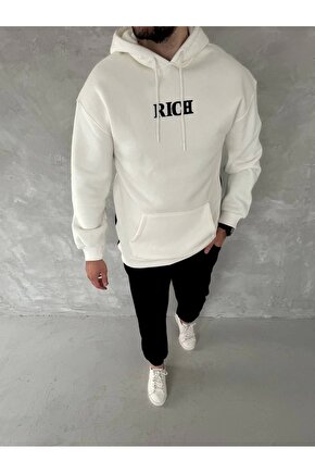 Uzun Kol Kapüşonlu Göğüs Baskılı SweatShirt - Beyaz