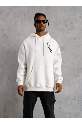 Unisex Kapşonlu Uzun Kol Baskılı Sweetshirt - Beyaz
