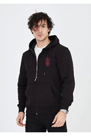 Unisex Baskılı Tam Fermuarlı Kapşonlu SweatShirt - Siyah