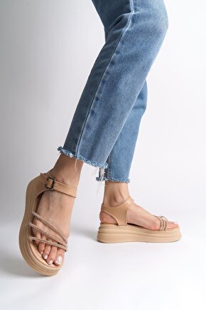 EVA Kalın Tokalı Taşlı Şeritli Ortopedik Taban Kadın Sandalet CTT - Ten