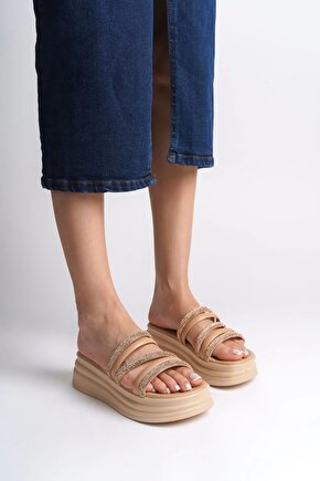 ELISE Düz Topuklu Şeritli Taşlı Kalın ve Ortopedik Taban Kadın Terlik CTT - Ten