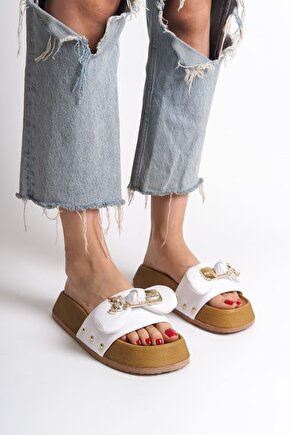 DILA Kalın ve Ortopedik Taban Ayıcıklı Saten Kadın Terlik SKT - Beyaz