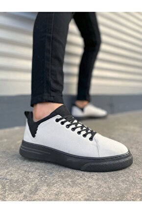 JY204 Flex Bağcıklı Keten Kumaş Erkek Günlük Sneaker Ayakkabı KST - BeyazSiyah