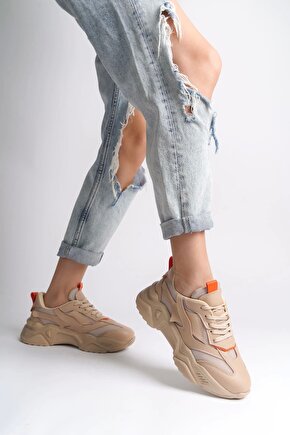 TOKYO Bağcıklı Ortopedik Taban Triko Detaylı Kadın Spor Ayakkabı TTT - TenTuruncu