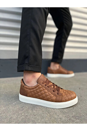 JY166 Prestige Bağcıklı Cilt Kapitone Desenli Erkek Günlük Sneaker Ayakkabı CBT - Taba