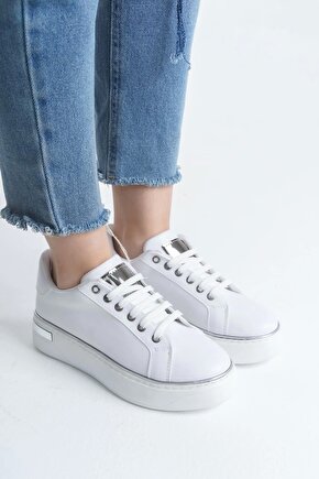 MINA Bağcıklı Ortopedik Taban Kadın Sneaker Spor Ayakkabı CBT - BeyazGümüş