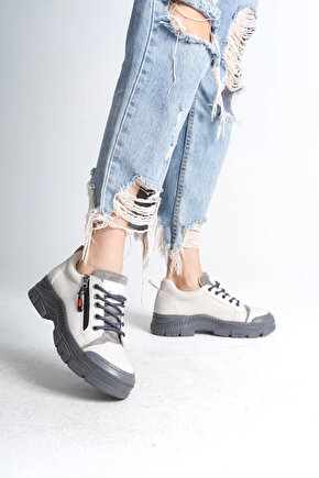 AGATHA Bağcıklı Fermuarlı Ortopedik Taban Kadın Sneaker Spor Ayakkabı CGT - Krem