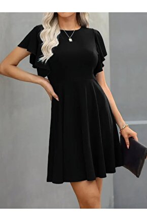 Kendim Fashion Kadın Kısa Kelebek Kollu Bisiklet Yaka Janjan Krep Elbise