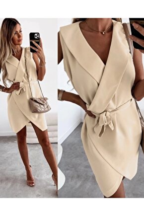 Kruvaze Yaka Kuşaklı Krep Kumaş Elbise