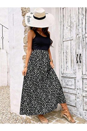 Kadın Askılı Yuvarlak Yaka üst Viskon Alt Desenli Bürümcük Elbise