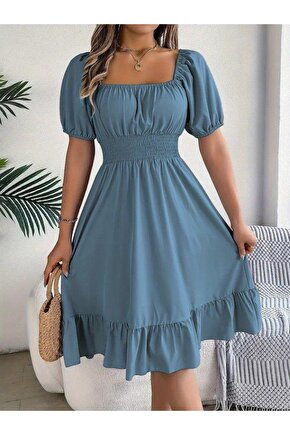 Kadın Kısa Kollu Kare Yakalı Beli Lastikli Kısa Trikoton Elbise