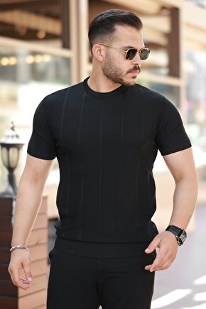 Erkek Desenli çizgi Kabartmalı Kısa Kollu Tişört