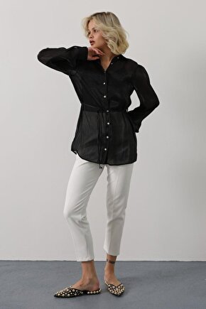 Gökyüzü Moda Belden Bağlamalı Uzun Kol Gömlek - Siyah