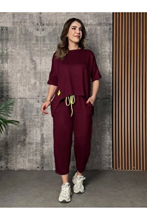 Kadın Kısa Kollu Bisiklet Yaka Viskon Iki Iplik Bluz Ve Pantolon Ikili Takım