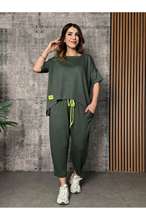 Kadın Kısa Kollu Bisiklet Yaka Viskon Iki Iplik Bluz Ve Pantolon Ikili Takım