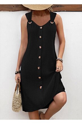 Kadın Askılı V Yakalı önden Düğmeli Narin Elbise