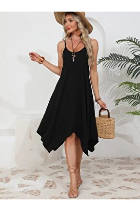 EQURİ Kadın Ip Askılı Yuvarlak Yakalı Asimetrik Kesim Viskon Elbise