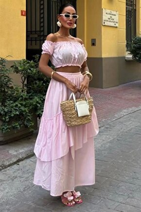 Büzgülü Crop Kat Detaylı Fırfır Etekli Takım 10196