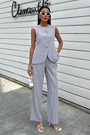 Çizgili Viscon Keten Yelekli Rahat Takım 10121