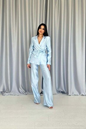 Mavi Beli Kuşaklı Ceket Ve Pantolon Parlak Takım