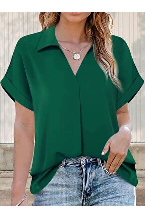 Kadın Kısa Kollu Yakalı Uzun Sandy Bluz