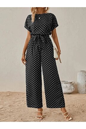 EQURİ Kadın Kısa Kollu Kayık Yaka Belden Kuşaklı örme Krep Tulum