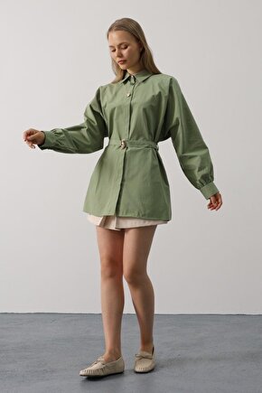 Gökyüzü Moda Kuşak Detaylı Tunik Gömlek - Haki