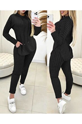 Kadın Uzun Kollu Kapşonlu Yakadan Bağcıklı Yandan Yırtmaçlı üst Bluz Alt Tayt şardonlu Kaşkorse Ikil