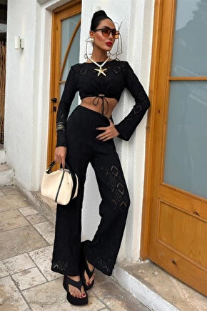 Göğüs Bağcık Detaylı Ajurlu Bluz Pantolon Takım 10098