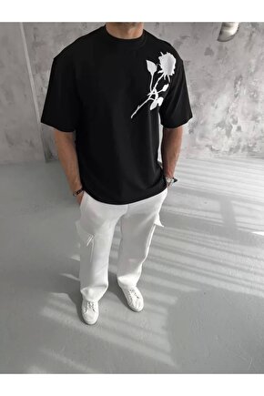 Unisex Bisiklet Yaka Baskılı Oversize T-Shirt - Siyah