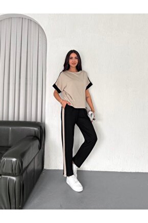 Gökyüzü Moda Kadın Modal Dokulu Kumaş Yanı şeritli Takım