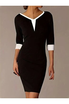Kadın Fakir Kol V Yakalı Blok Renkli Kısa Janjan Krep Elbise