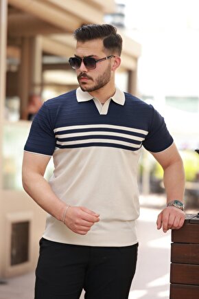 EQURİ Erkek çizgi Desenli Yakalı Kısa Kollu T-shirt