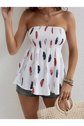 Kadın Yaprak Desenli Göğsü Gipeli Mosskrep Straplez Bluz