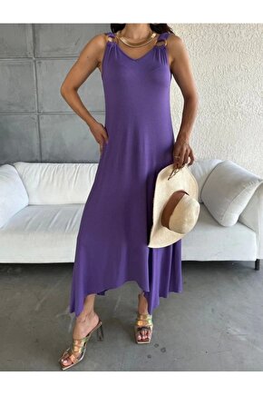 Kadın çan Dokuma Kumaş V Yaka Asimetrik Kesim Elbise